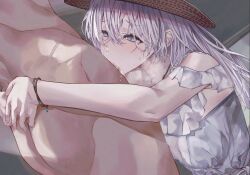 1boy 1girls anastasia_(fate) anastasia_(swimsuit_archer)_(fate) ass bangs bare_shoulders blue_eyes blush breasts cum_out_nose deepthroat deepthroat_hug dress fate/grand_order fate_(series) fellatio female hair_over_one_eye hat highres large_breasts light-skinned_female light-skinned_male light_skin long_hair oral silver_hair straight straw_hat suujiniku suushiki very_long_hair white_dress