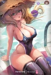 big_breasts blonde_hair blush blushing breasts female female_focus female_only genshin_impact green_eyes latex lisa_(genshin_impact) looking_at_viewer miraihikari pool poolside smile swimsuit tagme thick_thighs thighhighs