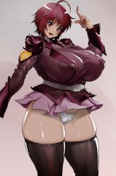 1girls ahoge belt bimbo black_thighhighs bonten chubby erect_nipples female female_only gundam gundam_seed gundam_seed_destiny huge_breasts impossible_clothes large_nipples lunamaria_hawke military_uniform miniskirt nipples_visible_through_clothing panties purple_eyes purple_hair short_hair short_skirt solo standing stockings thick_thighs thighhighs thunder_thighs voluptuous