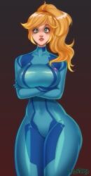 1girls arms_crossed_under_breasts arms_under_breasts big_breasts blonde_hair bodysuit breasts crossed_arms eyebrow_raise female female_only front_view fully_clothed green_eyes hi_res hips hizzacked hourglass_figure huge_breasts human human_only humanoid large_breasts long_hair looking_at_viewer metroid nintendo ponytail samus_aran simple_background solo solo_female standing thick thick_thighs thighs thunder_thighs unamused wide_eyed wide_hips zero_suit zero_suit_samus