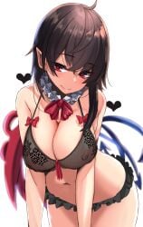 absurdres asymmetrical_wings black_hair blue_wings bow bowtie bra breasts cleavage collar covered_nipples female frilled_collar frills heart heart-shaped_pupils highres lace looking_at_viewer microskirt navel nue_houjuu pointy_ears red_bow red_bowtie red_eyes red_wings see-through short_hair simple_background skirt smile solo symbol-shaped_pupils touhou underwear white_background wide_hips wings yukito_(dreamrider)
