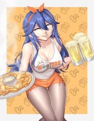 1girls alcohol alternate_costume beer blue_eyes blue_hair cleavage cleru_(cleruuuuu) drink feh female_only fire_emblem fire_emblem_awakening fire_emblem_heroes food glass hair_between_eyes hooters leggings looking_at_viewer lucina_(fire_emblem) medium_breasts nintendo pantyhose shorts smile solo