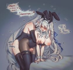 2girls animal_ears arknights black_leotard black_pantyhose black_thighhighs blush breasts commentary cum english_commentary english_text fake_animal_ears futa_with_female futanari grey_hair groping large_breasts leotard long_hair multiple_girls open_mouth orz_(kagewaka) pantyhose penis rabbit_ears red_eyes sharp_teeth skadi_(arknights) specter_(arknights) specter_the_unchained_(arknights) strapless strapless_leotard teeth thigh_sex thighhighs very_long_hair