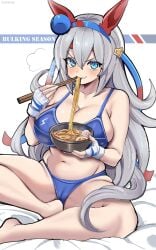 bikini blue_bikini blue_eyes blush cygames eating fingerless_gloves gloves long_hair ramen tamamo_cross_(umamusume) umamusume umamusume_pretty_derby white_hair