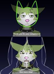 absurd_res ambiguous_gender angry anthro byte_fantail_(character) canid canine canis collar dark domestic_dog fur genitals green_body green_eyes green_fur hi_res husky knees_up low_light mammal meme mouth_closed nordic_sled_dog open_mouth paws pink_nose sillydraco solo spiked_collar spikes spitz text verification vulva white_body white_fur