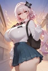 ai_generated backpack bag bangs black_bag black_bow blue_skirt bow bowtie breasts building button_gap closed_mouth cloud collared_shirt cowboy_shot earrings evernight_(honkai:_star_rail) female hair_between_eyes hair_ornament hand_up honkai:_star_rail huge_breasts jewelry long_hair long_sleeves looking_at_viewer march_7th_(honkai:_star_rail) miniskirt minus5 outdoors pink_hair pleated_skirt red_eyes school_uniform shirt shirt_tucked_in skirt sky smile solo standing thick_thighs thighs waving white_shirt