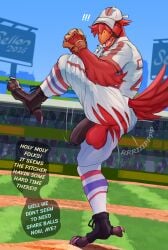 4_toes anisodactyl anthro ass avian avian_feet balls baseball_(sport) baseball_cap baseball_pitcher baseball_uniform big_balls big_penis bird black_penis bottomwear cardinal_(bird) claws clothing feathers feet footwear foreskin genitals group hair hair_over_eyes hat hat_over_eyes headgear headwear hi_res humanoid_genitalia humanoid_penis male male_focus northern_cardinal oscine pants passerine penis public public_exposure sellon shoes silhouette solo_focus sport sportswear tail tail_feathers toe_claws toeless_footwear toeless_shoes toes torn_bottomwear torn_clothing torn_pants uniform wardrobe_malfunction