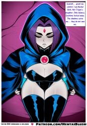 ai_generated aura black_boots black_leotard blue_accents blue_boots blue_cloak blue_cuffs blue_highlights bodysuit breasts_squeezed_together cape cleavage closed_eyes custom_commission dc_comics deep_cleavage dialogue eyelashes female flowing_cape forehead_jewel frown glowing_background grey_skin hentblush hood_up hooded_cloak huge_breasts large_breasts long_boots long_eyelashes looking_down meditating meditation mystical nsfw nsfw_commission patreon_exclusive pink_glow pose purple_background purple_eyes purple_hair purple_skin_tone rachel_roth raven_(dc) red_gem serious_expression solo speech_bubble teen_titans text thigh_boots tight_clothing