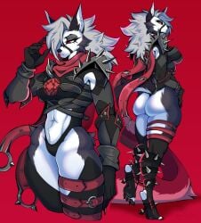 2d alternate_costume anthro ass bare_midriff belly_button big_ass canine clothing digital_media_(artwork) female_anthro furry grey_fur loona_(helluva_boss) revealing_clothes saltyserpent scarf solo solo_female spikes standing thick_thighs wolf wolf_humanoid