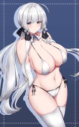 absurdres adapted_costume arashiki_mamizu azur_lane bikini black_ribbon blue_background blue_eyes breasts elbow_gloves eyebrows_visible_through_hair female gloves hair_ribbon hand_on_own_chest highres huge_breasts illustrious_(azur_lane) long_hair mole mole_under_eye navel ribbon sapphire_(gemstone) side-tie_bikini simple_background skindentation solo string_bikini swimsuit thighhighs tri_tails very_long_hair white_bikini white_bikini_bottom white_bikini_top white_gloves white_legwear