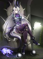 1girls ankle_cuffs ball_and_chain bondage bound bound_ankles bound_arms bound_fingers bound_hands bound_legs bound_thumbs chains female female_only femsub fully_clothed happy_sub horns metal_cuffs reverse_prayer rope smile smiling tail thighhighs yeyue