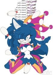 2019 anthro big_breasts blue_body blue_eyes blue_fur blue_hair bowling_pin breasts canid canine clothing english_text female fool's_hat fur genitals hair hat headgear headwear hi_res hypnosis improvised_sex_toy juggling juggling_pin kandlin kneeling lapis_(albo_ebire) legwear long_hair mammal mind_control multicolored_body multicolored_fur penetration ringed_eyes solo stirrup_legwear stirrup_stockings stockings text thigh_highs two_tone_body two_tone_fur vaginal_penetration vulva white_body white_fur