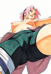 1girls accurate_art_style ai-created ai_art ai_generated areola armpit armpits ass bandaged_leg bandages belly_button bike_shorts breasts breasts_apart cameltoe cel_shading clothing cowboy_shot crotch erect_nipples female female_focus female_only forehead_protector foreshortening from_below front_view full_color green_eyes green_shorts headband high_quality high_resolution highres large_filesize legs_apart legs_spread light-skinned_female light_skin line_art lipstick looking_away looking_to_the_side low-angle_view manga_style masashi_kishimoto_style medium_breasts midriff naruto naruto_(series) naruto_shippuden navel nipples no_bra parted_lips partially_clothed perky_breasts pink_hair pink_nipples pink_skirt pinup pov pussy red_headband sakura_haruno shiny_hair shiny_skin shirtless short_hair simple_background skin_tight skirt smooth_skin solo solo_female solo_focus spats standing teen teenage_female teenage_girl teenage_tits teenager thick_thighs thighs tight_clothing tight_shorts topless vagina viewed_from_below white_background zipper zipper_pull_tab ㅇㅇ