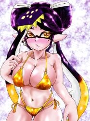 +_+ 1girls bare_shoulders bikini black_hair blush breasts callie_(alterna) callie_(splatoon) earrings female inkling jewelry large_breasts looking_to_the_side mazuo917 nintendo pointy_ears splatoon_(series) splatoon_3 splatoon_3:_return_of_the_mammalians swimsuit tentacle_hair twintails white_hair yellow_eyes
