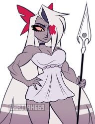 1girls alternate_muscle_size artiah669 big_thighs breasts cleavage cleavage_cutout female fleshpie669 grey_skin hair_flower hazbin_hotel muscles muscular muscular_arms muscular_female nightgown pelvic_curtain pink_sclera pinup standing thick_legs thick_thighs thunder_thighs thunderthighs toned toned_body toned_female vaggie_(hazbin_hotel) white_dress wide_hips wide_thighs