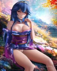 big_breasts blue_hair boobs_out delicate hips illasvyel lips long_hair long_legs long_sleeves make_up nipple_slip pretty_face purple_eyes pussy