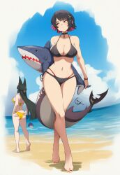 3girls adjusting_clothes adjusting_swimsuit animal animal_ears artist_logo ass averting_eyes back beach belle_(zenless_zone_zero) belly blue_sky border breasts butt_crack chiyako choker cleavage cloud commentary crossed_legs ellen_joe english_commentary fading_border fins fish_tail fox_ears highres hoshimi_miyabi large_breasts logo long_hair mascot medium_breasts multiple_girls nail_polish navel ocean red_eyes sand self-upload shark_girl shark_tail short_hair sky soles stuffed_animal stuffed_toy swimsuit tail thigh_gap toenails toes water zenless_zone_zero