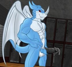 adognamedkayne anthro balls bandai_namco blue_body blue_skin bodily_fluids claws digimon digimon_(species) dragon erection exveemon genital_fluids genitals gesture horn looking_at_viewer male male_only muscular muscular_male nude penis pointing pointing_at_penis smile solo