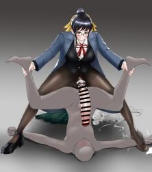 1boy 1futa atakumi10 big_penis black_hair cock_ring dominant faceless_male futa_is_bigger futa_on_male futadom futanari glasses huge_cock imminent_sex male original_character pantyhose penis_ripping_clothes penis_size_difference school_uniform spreading_legs standing_on_partner submissive_male tights wristwatch