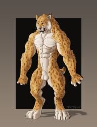 2026 4_toes 5_fingers abs animal_genitalia anthro arm_tuft artist_name balls bared_fangs bared_teeth biceps big_muscles biped black_background black_claws black_sclera bobcat border broad_shoulders brown_lips brown_nose cheek_tuft claws countershade_feet countershade_torso countershading curled_fingers deltoids digitigrade dipstick_ears dipstick_fingers dipstick_tail ear_markings ear_tuft facial_tuft fangs feet felid feline finger_claws fingers flexing flexing_chest forearm_muscles fur genitals gradient_border grey_border hi_res huge_muscles inner_ear_fluff leopard_spots lips lynx male mammal mane markings multicolored_body multicolored_ears multicolored_fur muscular muscular_anthro muscular_male neck_tuft nude nude_anthro nude_male pawpads paws pecs pink_pawpads quads retractable_claws serratus shaded sharp_teeth sheath short_tail simple_background snout solo spots standing tail tail_markings tan_body tan_fur teeth text thetigress toes triceps tuft two_tone_body two_tone_fur whiskers white_body white_fur yellow_eyes