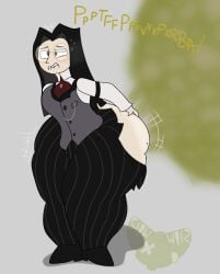 1boy absurd_res artist_logo artist_name ass ass_grab big_ass big_thighs biting_lip biting_own_lip cleavage clothed clothing fart fart_cloud fart_fetish farting gas_cloud gassy glasses grabbing_ass grabbing_own_ass hazbin_hotel hi_res huge_ass huge_thighs human human_only legs legs_together male male_fart ripped_pants shoes shwungus sir_pentious_(hazbin_hotel) sir_pentious_(human_form) smelly smelly_ass solo standing straight teeth text thighs uniform