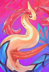 ai_generated animal_genitalia animal_penis antennae_(anatomy) anus bodily_fluids erection feral generation_4_pokemon genital_fluids genital_slit genitals glistening glistening_body hi_res looking_at_viewer male milotic nintendo penis pokemon pokemon_(species) precum red_eyes simple_background slit solo tapering_penis twinkaton