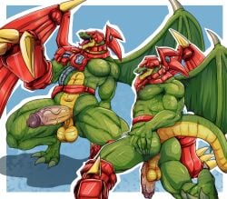 absurd_res anthro anus ass balls big_balls big_penis bodily_fluids claws crouching cyber-tech_alligator cybernetics duel_monster duo genitals gesture green_body hand_gesture hand_on_butt hand_on_own_butt hi_res huge_filesize machine male membrane_(anatomy) membranous_wings muscular muscular_anthro muscular_male penis pointing pointing_at_penis presenting presenting_anus presenting_balls presenting_hindquarters presenting_penis reptile saliva scalie sharp_teeth spread_butt spreading sweat tail teastuff teeth toe_claws tongue tongue_out wings yu-gi-oh!