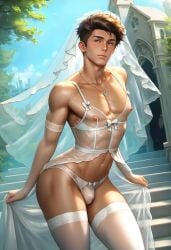 abs ai_generated ass big_ass big_butt bow boy bride brown_hair bubble_ass bubble_butt bulge chapel church closed_mouth collarbone hazel_eyes jewelry looking_at_viewer male necklace nipples nylons outdoors panties panty_bulge plump_ass round_ass round_butt see-through see-through_clothing sky standing stockings tallcallipygian tcallipygian thick_thighs thighhighs thighs thong tree veil wedding_lingerie wedding_veil white_panties white_thighhighs
