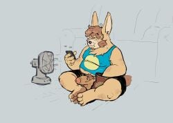 2025 absurd_res animalboyfriend anthro beard big_penis bodily_fluids casual_exposure chips_(food) clothed clothing eating electric_fan electronics facial_hair food fully_clothed furniture genitals hair hi_res lagomorph leporid male mammal overweight overweight_male paws penis phone pubes rabbit shirt sitting sofa solo sweat tank_top texting topwear