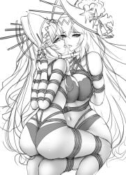 2girls arms_behind_back bondage bound bound_arms bound_fingers bound_hands bound_neck bound_thumbs bound_together bound_wrists crotch_rope drool drooling female female_only femsub monochrome reverse_prayer rope yeyue