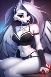 1girls ai_generated furry furry_female hardboildchicken helluva_boss legs long_hair loona_(helluva_boss) midriff pterolycus red_eyes white_hair wings wolf_ears wolf_girl wolf_tail