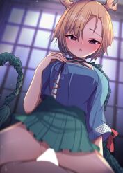 1boy antlers bangs blonde_hair blue_bow blue_shirt blush bow breasts brown_eyes censored cowgirl_position darumoon door dragon_tail eyebrows_visible_through_hair female green_skirt hand_on_own_chest hand_up heart heart-shaped_pupils highres kicchou_yachie long_sleeves looking_down male medium_breasts open_mouth penis pussy red_ribbon ribbon sex shirt short_hair sitting sitting_on_person skirt straddling straight symbol-shaped_pupils tail teeth tongue touhou turtle_shell wide_sleeves
