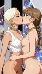 2girls ai ai_generated ai_hands anime_style celebrity completely_nude kissing lady_gaga lesbian_kiss partially_clothed real_person singer taylor_swift yuri