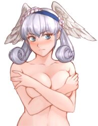 1girls bad_censor bare_shoulders big_breasts breasts covering_breasts female grey_hair hands_on_breasts head_wings headwings high_entia medium_hair melia_antiqua naked nude nude_female silver_hair solo solo_female teal_eyes tridisart wings wings_on_head xenoblade_(series) xenoblade_chronicles xenoblade_chronicles:_future_connected