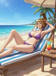 ai_generated beach beach_background bikini bikini_top breasts celestial_dragon dirty_blonde_hair drink female female_only goddess laying_down legs noblewoman one_piece revealing_clothes revealing_swimsuit saint_shalria summer sunbathing swimsuit tenryuubito tropical tropical_drink tropical_setting vacation