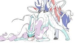 blush bodily_fluids cum doggy_style duo female feral from_behind_position generation_2_pokemon generation_8_pokemon genital_fluids hair hero_of_many_battles_zamazenta legendary_pokemon long_hair looking_pleasured male male/female moocow nintendo pokemon pokemon_(species) sex simple_background suicune white_background zamazenta