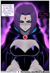 ai_generated angry_expression aura black_leotard blue_accents blue_boots blue_cloak blue_cuffs bodysuit breasts_squeezed_together calling_name cape cleavage closed_eyes corruption_tease custom_commission dark_background dc_comics deep_cleavage demonic_call dialogue eyelashes father_daughter_implication female flowing_cape forehead_jewel frown furrowed_brow glowing_background grey_skin hentblush hood_up hooded_cloak huge_breasts inner_thoughts large_breasts long_boots long_eyelashes looking_at_viewer multiple_speech_bubbles mystical narration nsfw nsfw_commission patreon_exclusive pink_glow pink_text portrait purple_background purple_cloak purple_eyes purple_hair purple_text rachel_roth raven_(dc) red_gem serious_expression solo speech_bubble teen_titans text thigh_boots tight_clothing upper_body