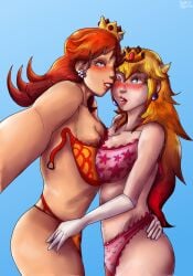 bikini blonde_hair brown_hair corvo_caotico mario_(series) nintendo princess_daisy princess_peach selfie yuri