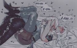 2girls arknights ass black_pants commentary cum cum_in_pussy english_commentary futa_with_female futanari grey_hair grey_pantyhose grey_shirt leg_lock long_hair long_sleeves multiple_girls open_mouth orz_(kagewaka) pants pantyhose pantyhose_under_shorts penis sex sharp_teeth shirt shorts skadi_(arknights) sleeveless sleeveless_shirt specter_(arknights) teeth uncensored x-ray