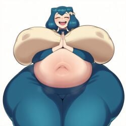 1girls 2d ai_generated ass belly big_ass big_belly big_breasts big_butt big_nipples big_thighs blue_hair blush breasts bubble_butt closed_eyes covered_nipples cowboy_shot curvy facing_viewer fat female_only gigantic_ass gigantic_breasts gigigens hair_ornament huge_ass huge_breasts huge_butt huge_thighs hyper_ass large_ass large_breasts large_butt large_nipples large_thighs massive_breasts mature_female medium_hair navel nintendo nipple_bulge nipples nipples_visible_through_clothing open_mouth own_hands_together pants plump pokemon puffy_nipples rule_63 simple_background smile snorlax solo solo_female steam teeth thick_ass thick_butt thick_thighs thighs upper_teeth_only white_background wide_hips