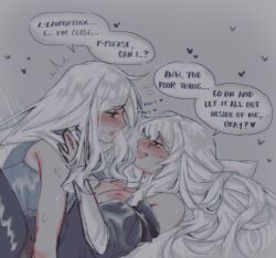 2girls arknights commentary english_commentary futa_with_female futanari grey_hair grey_shirt long_hair long_sleeves mixed-language_commentary multiple_girls nipples open_mouth orz_(kagewaka) out-of-frame_censoring red_eyes shirt skadi_(arknights) sleeveless sleeveless_shirt specter_(arknights) teeth