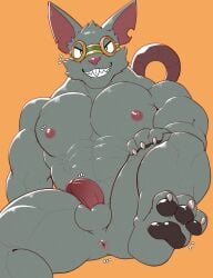 2023 abs absurd_res anthro anus ass balls biceps bodily_fluids buckteeth claws croiyan deltoids eyewear eyewear_only feet flaccid fur genital_fluids genitals glans goggles goggles_only grey_body grey_fur grin hi_res humanoid_genitalia humanoid_penis league_of_legends looking_at_viewer male mammal murid murine muscular muscular_anthro muscular_arms muscular_male muscular_thighs nipples notched_ear nude orange_background pawpads paws pecs penis precum rat rat_tail riot_games rodent sharp_teeth simple_background smile soles solo tail teeth tencent tongue twitch_(lol) vein veiny_penis