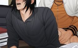 2boys adam's_apple black_hair black_shirt blush bottomless cape collared_shirt commentary english_commentary gay gay_male hands_on_another's_hips jacket male_focus male_penetrated multiple_boys naruto_(series) nekidomaru on_table open_mouth saliva_trail_between_teeth sex sex_from_behind shirt short_hair table uchiha_sasuke uzumaki_naruto veins veiny_hands white_cape yaoi yellow_jacket