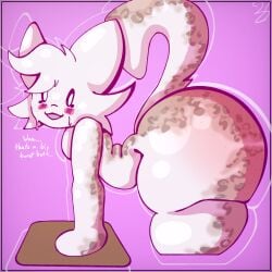 1:1 ambiguous_gender anonymous_character anthro ass big_butt blush burnt candy dessert dialogue felid feline food food_creature freckled_butt freckled_face freckles hand_on_table helloimfurry hi_res huge_butt huge_thighs looking_back looking_back_at_self mammal marshmallow pink_background side_view simple_background simple_hands solo sunburn tail tanned thick_thighs watermark