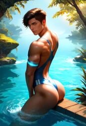 ai_generated arched_back ass back back_cutout big_ass big_butt boy brown_hair bubble_ass bubble_butt closed_mouth day hazel_eyes looking_at_viewer looking_back male one-piece_swimsuit outdoors plump_ass round_ass round_butt solo sun sunlight swimsuit tallcallipygian tcallipygian thick_thighs thighs tree water