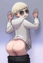 1boy against_wall ai_generated ass ass_focus butt butt_focus exposed_ass hoodie human looking_back original_character pants_around_legs pants_around_thighs pants_down pants_pulled_down platinum_blonde_hair pokemon pokemon_swsh pokemon_trainer smiling smiling_at_viewer solo solo_male sunglasses twink
