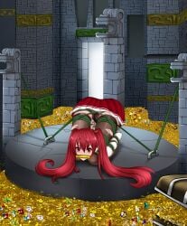 1girls bit_gag bondage bound bound_arms bound_fingers bound_hands contortion female female_only femsub gag gagged gold miniskirt red_eyes red_hair rope skindentation skirt thighhighs treasure yeyue