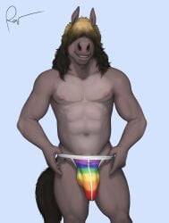 abs anthro areola athletic athletic_anthro athletic_male balls_outline bulge clothed clothing detailed_bulge digital_media_(artwork) equid equine fingers fur genital_outline genitals hair hair_over_eyes hi_res horse jockstrap jockstrap_only lgbt_pride looking_at_viewer male mammal multicolored_clothing multicolored_underwear navel nipples pecs penis_outline pride_color_clothing pride_colors rainbow_clothing rainbow_pride_colors rainbow_underwear rov simple_background six-stripe_rainbow_pride_colors smile solo standing tail teeth topless topless_anthro topless_male underwear underwear_only