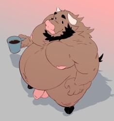 2023 anthro balls beard belly beverage big_belly black_beard black_facial_hair bovid bovine brown_body brown_fur cattle coffee coffee_mug facial_hair fur genitals gradient_background hi_res high-angle_view hooves horn juicestandmango looking_at_viewer male mammal mango_(juicestandmango) moobs nipples nude_anthro nude_male overweight overweight_anthro overweight_male penis pink_balls pink_nipples pink_penis simple_background smile solo standing