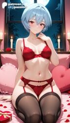 1girls 2026 ai_assisted ai_generated anime artist_name bed explicit frilled_pillow garter_belt garter_straps hi_res high_quality high_resolution highres indoors lamp looking_at_viewer moonlight navel neon_genesis_evangelion night night_sky on_bed patreon patreon_username pillow rebuild_of_evangelion red_eyes red_panties rei_ayanami rose short_hair sky skypassion solo stable_diffusion thighhighs underwear valentine's_day valentines_day watermark window